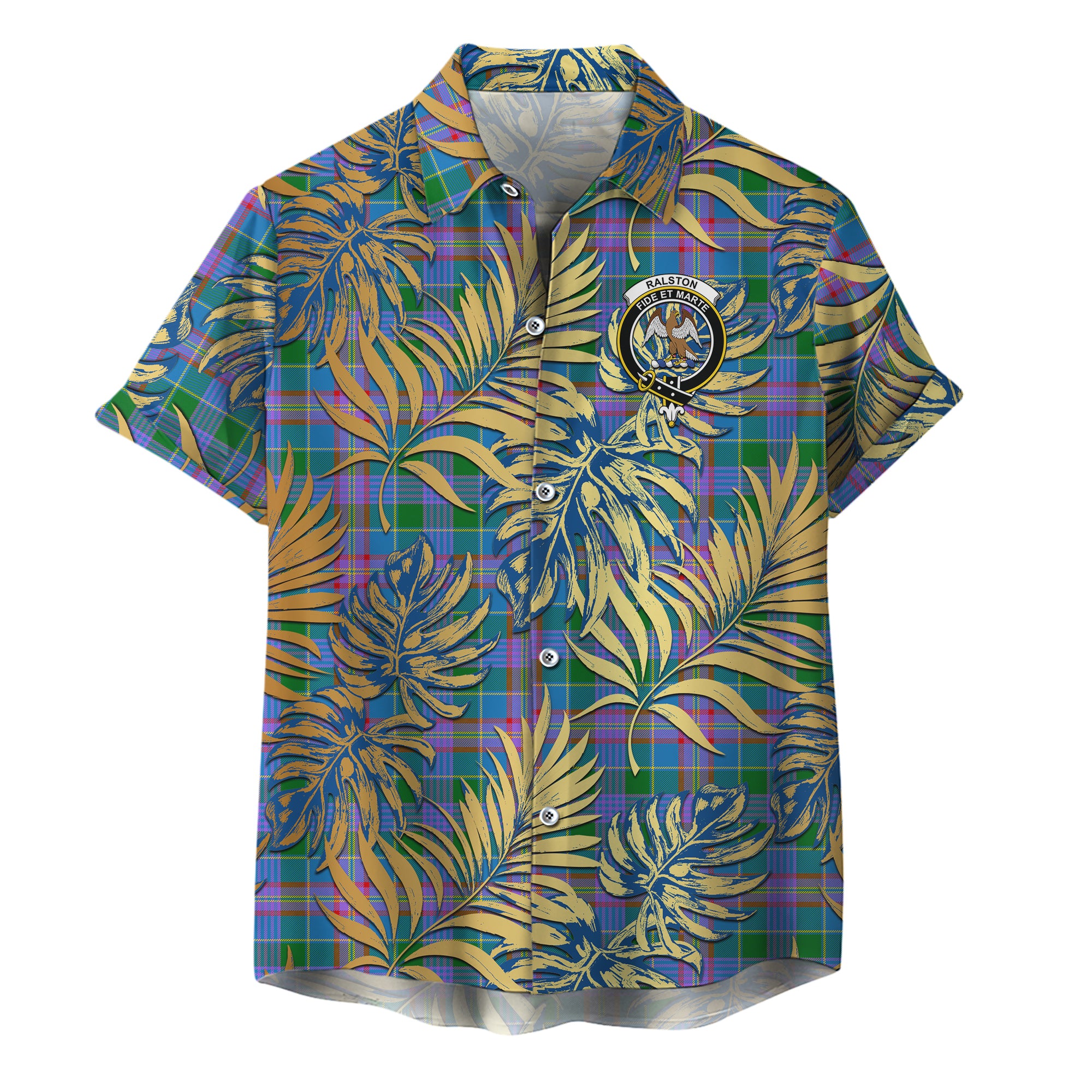 scottish-ralston-clan-crest-tartan-golden-tropical-palm-leaves-hawaiian-shirt