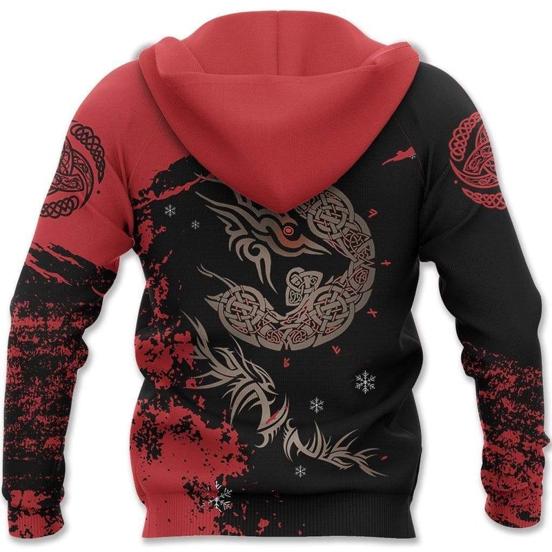 Viking Clothing Red and Black Fenrir Tattoo Hoodie RLT12 - Wonder Print Shop