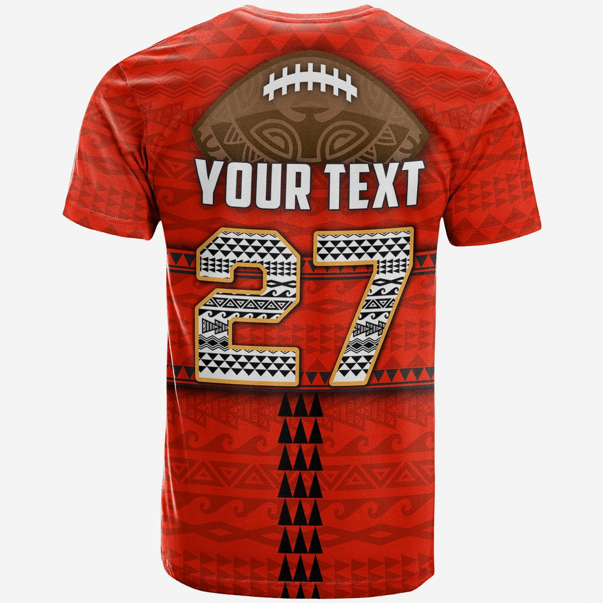 Red T-shirt with 'YOUR TEXT' and large '37' number, Polynesian tribal pattern