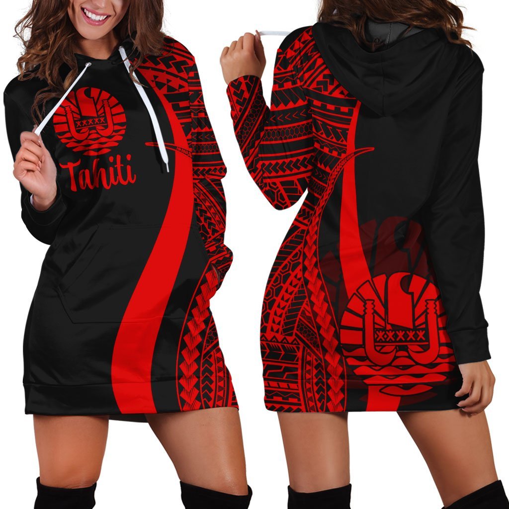 tahiti-womens-hoodie-dress-red-polynesian-tentacle-tribal-pattern