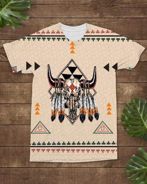 Native American Feather Bison Skull Head All over T Shirt LT10 - Wonder Print Shop