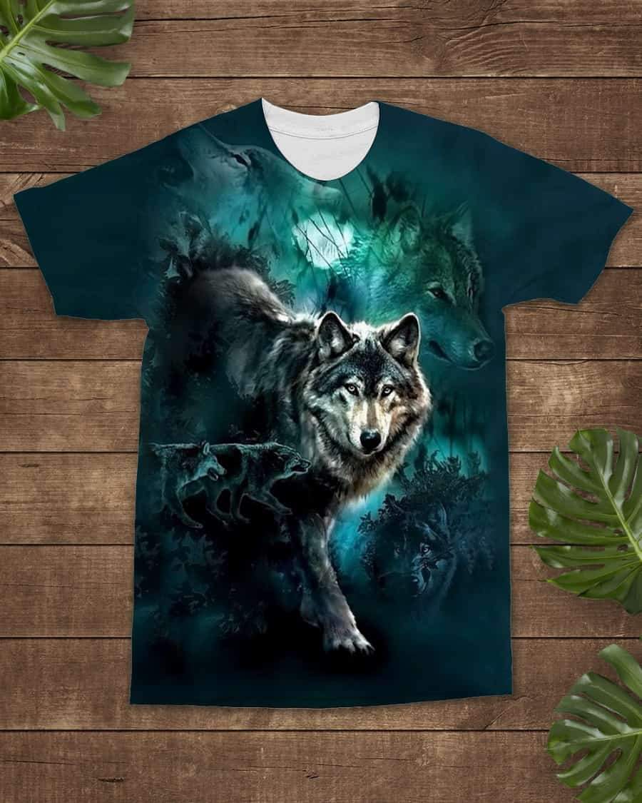 Native American 3D Moon Wolves Green Background All Over T Shirt LT10 - Wonder Print Shop
