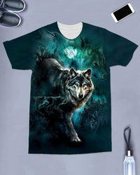 Native American 3D Moon Wolves Green Background All Over T Shirt LT10 - Wonder Print Shop