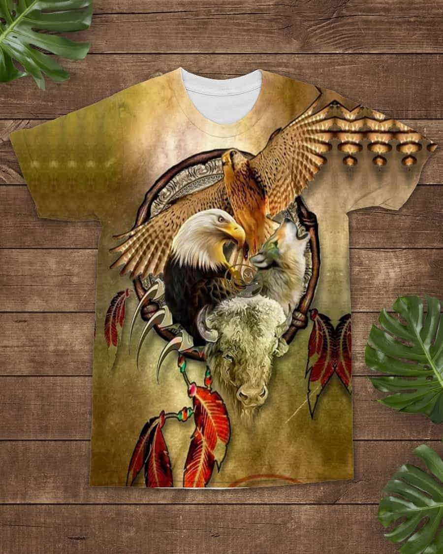 Native American Bison Wolf Eagle Hawk All over T Shirt LT10 - Wonder Print Shop