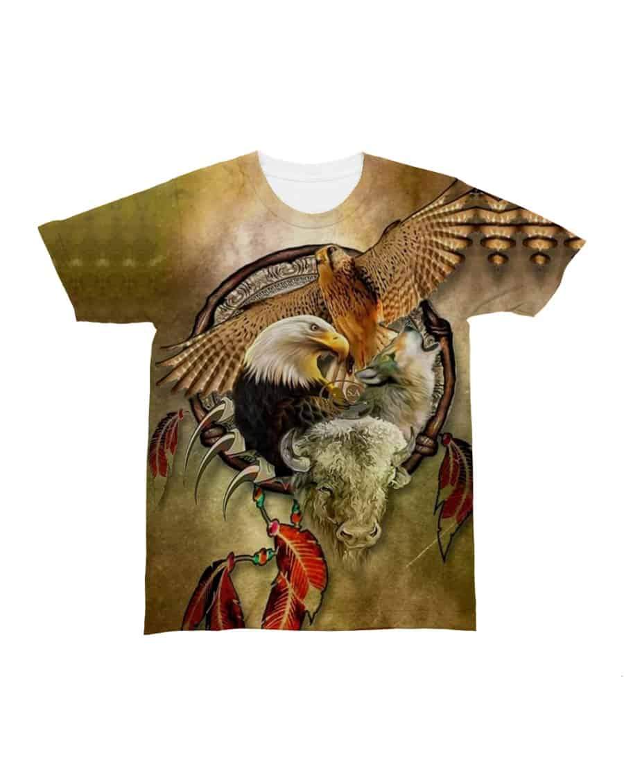 Native American Bison Wolf Eagle Hawk All over T Shirt LT10 - Wonder Print Shop