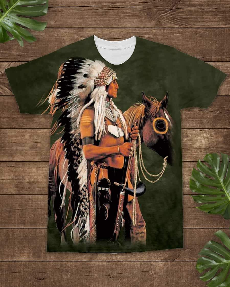3D Native American Warrior Horse Green Background T Shirt LT10 - Wonder Print Shop