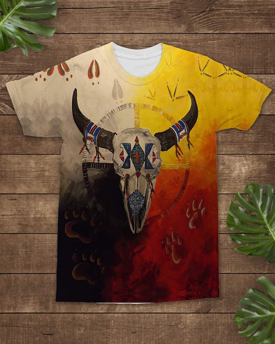 Bison Buffalo Native American Flag Background T Shirt LT10 - Wonder Print Shop