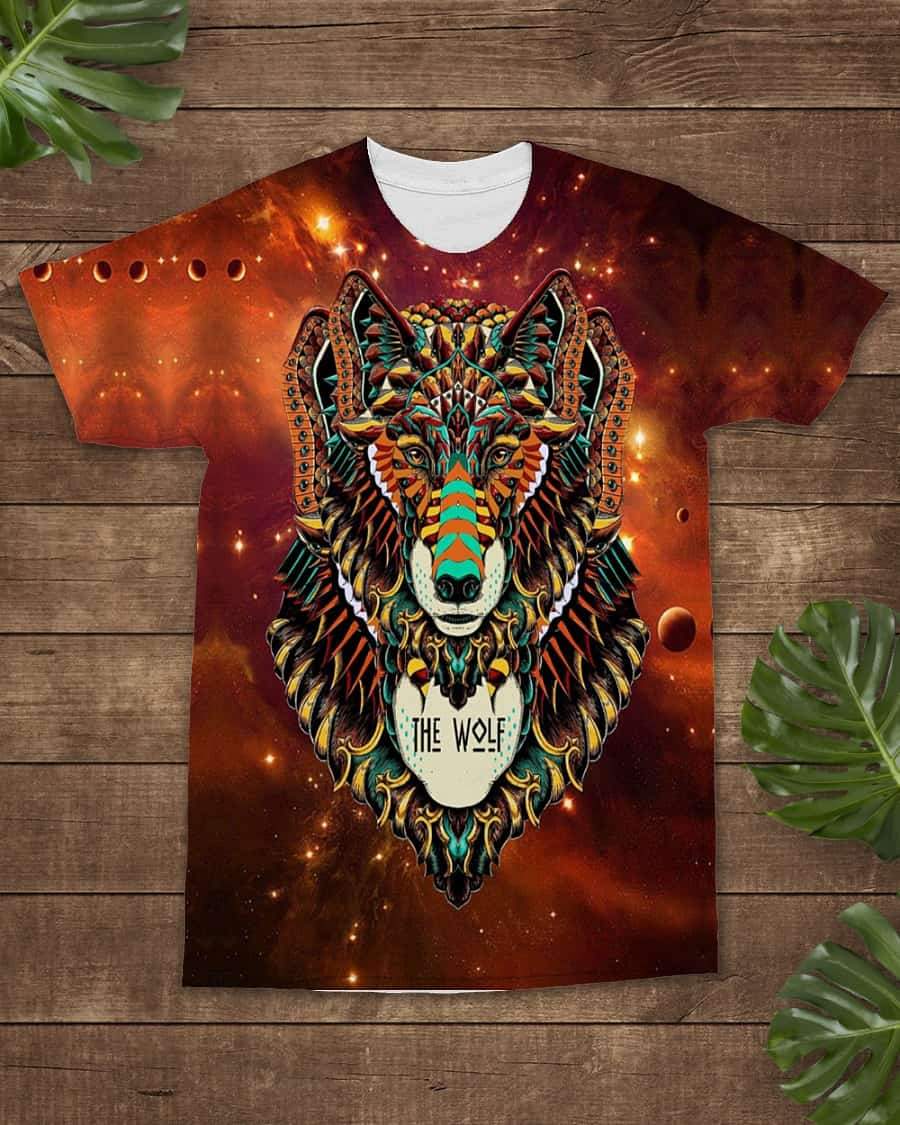 Native American Colorful Wolf Brown All over T Shirt LT10 - Wonder Print Shop