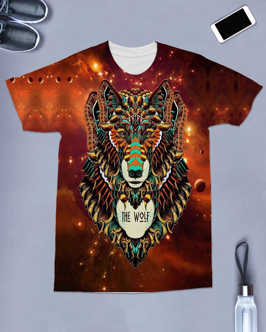 Native American Colorful Wolf Brown All over T Shirt LT10 - Wonder Print Shop