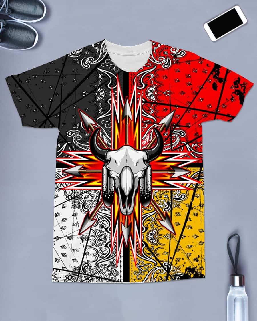 Bison Skull Head Arrow Native American Flag T Shirt LT10 - Wonder Print Shop
