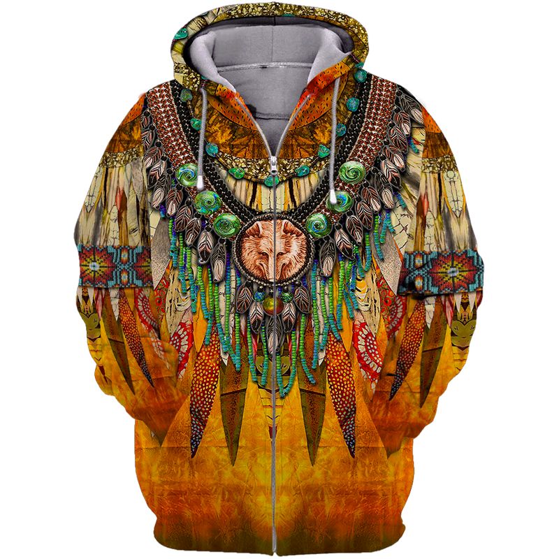 Native American Zip Hoodie Wolf Limited Edition LT4 - Wonder Print Shop