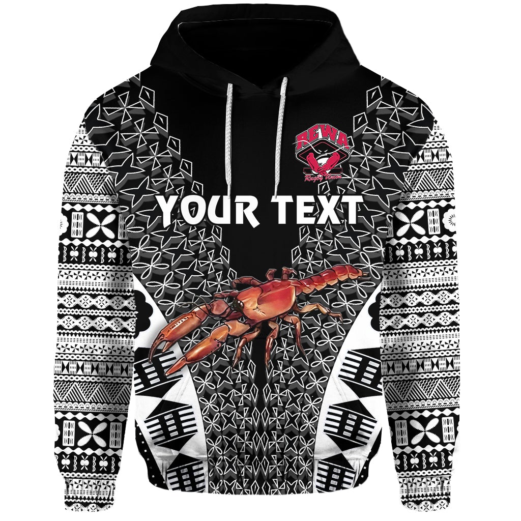 Custom Fiji Rewa Hoodie Rugby Union Tapa Style Black LT8 - Wonder Print Shop
