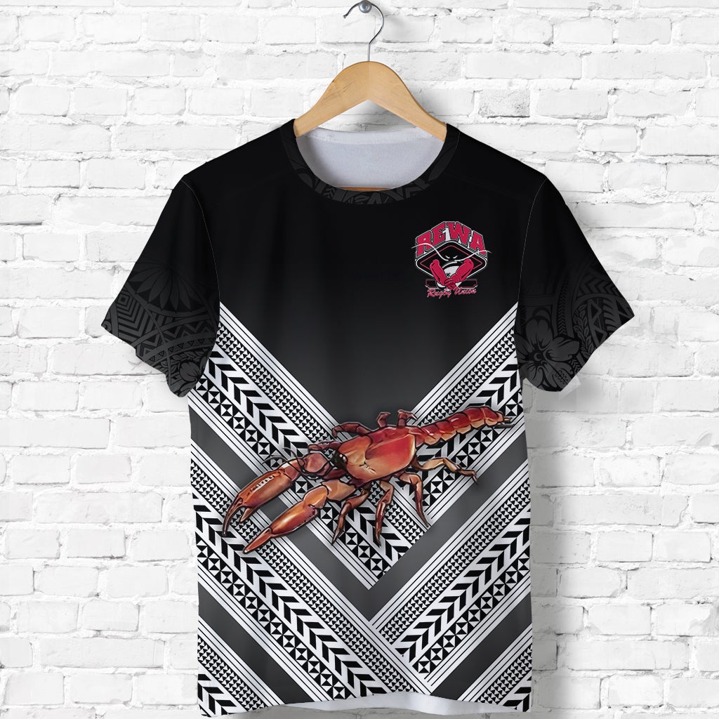 Black Fiji Rewa rugby T-shirt front, crab graphic over bold white chevron pattern