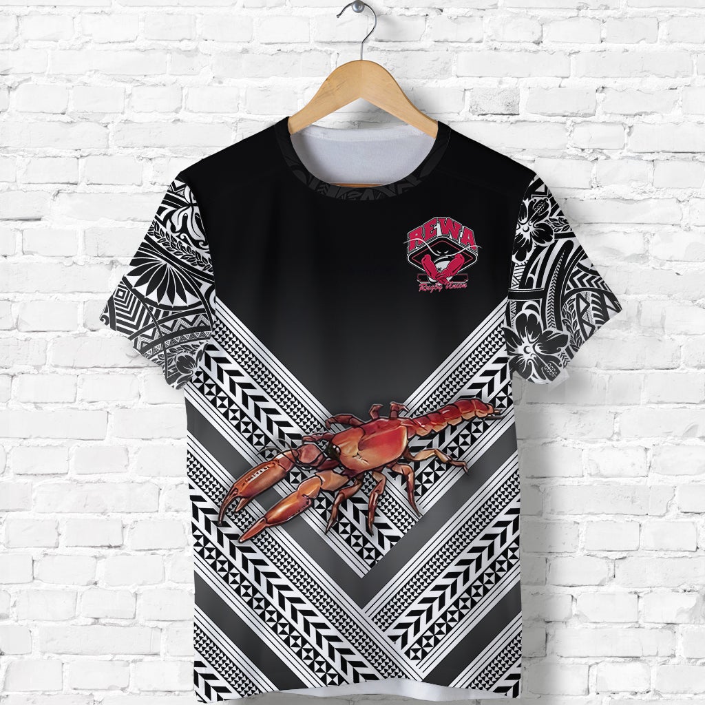 Black rugby-style T-shirt, full front chevron pattern with crab and Rewa emblem