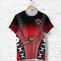 Red/black Fiji Rewa rugby T-shirt with crest, geometric tapa pattern, front view