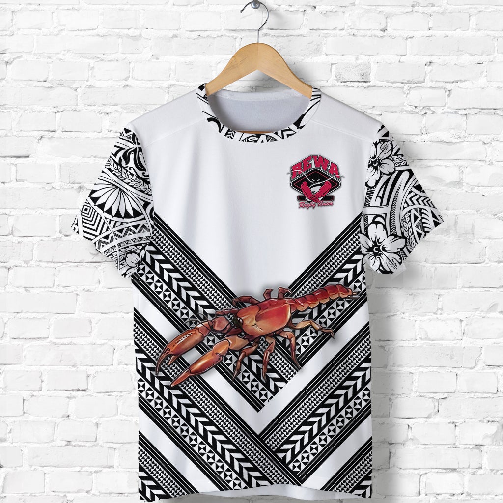 White rugby union T-shirt front with REWA crest, red crab, and black geometric V stripes