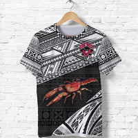 Black Fiji Rewa rugby T-shirt with crab artwork, “Rewa” crest, and bold tribal stripes