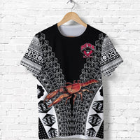 Black front rugby t-shirt with tribal sleeve bands, emblem at chest, and crab artwork