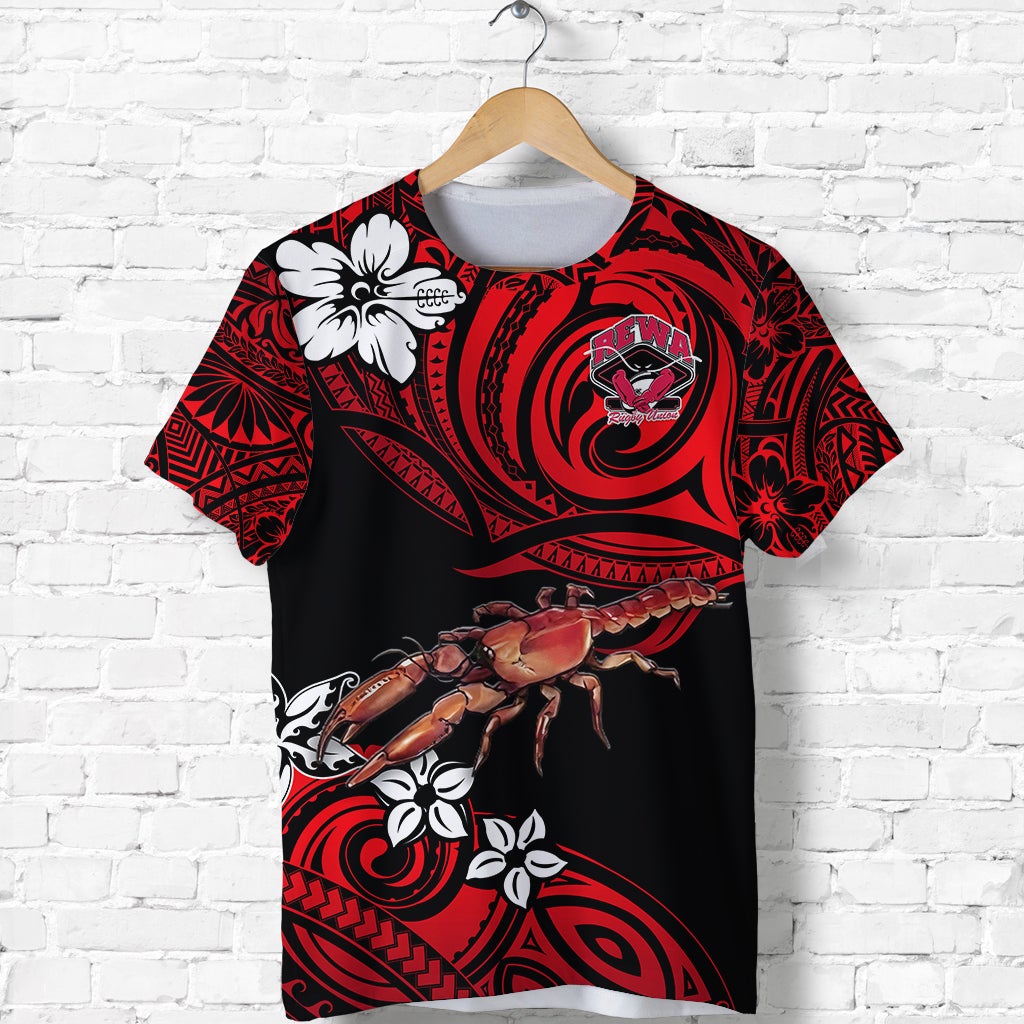 Red & black tribal rugby T-shirt, circular crest and crab graphic on front