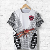 White rugby T-shirt front view with Fiji tapa motifs, crab graphic and emblem