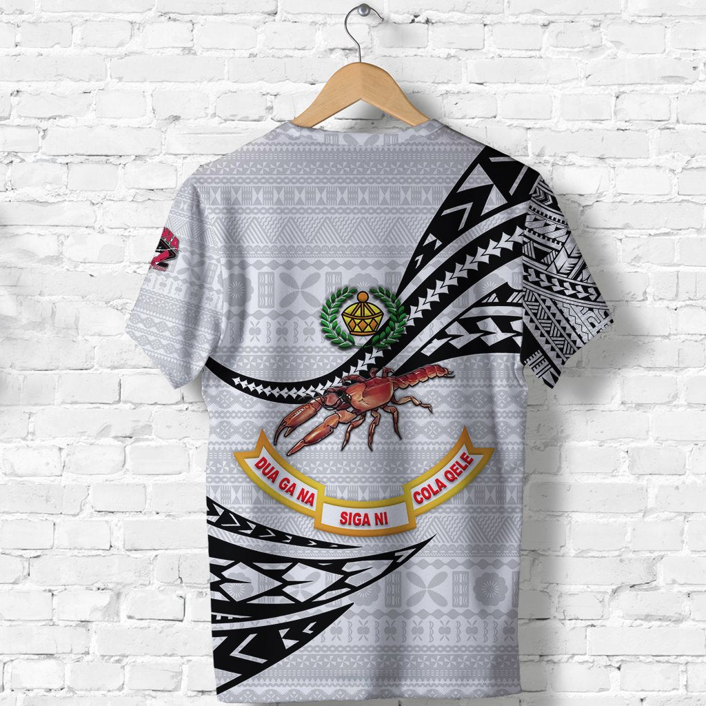 White back of Rewa rugby T-shirt with crab graphic, wreath emblem, and black pattern