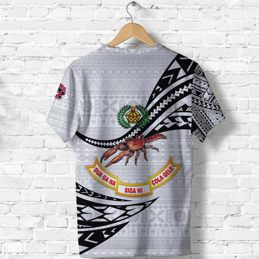 White rugby T-shirt back with central crest, crab graphic and colorful text bands