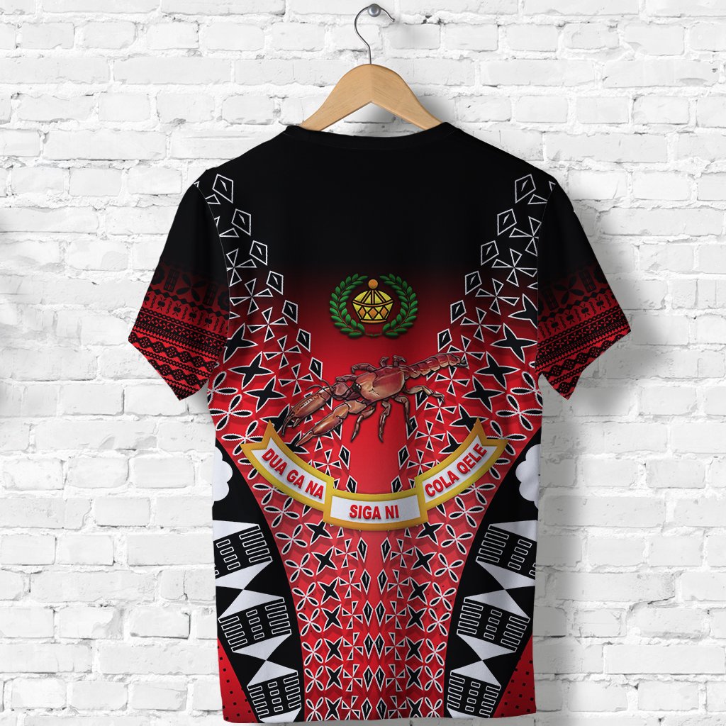 Fiji Rewa rugby T-shirt, red/black with crest and tapa geometric motifs, front view