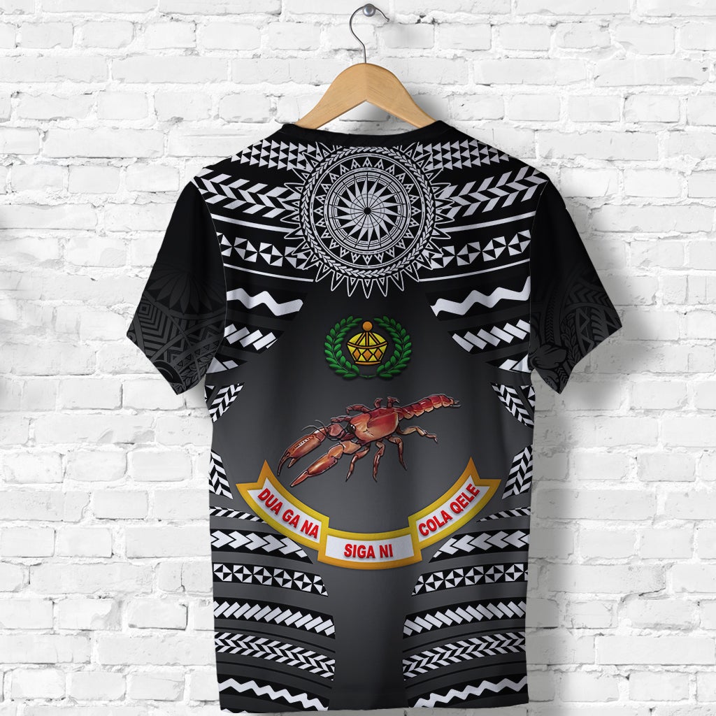 Black rugby T-shirt back, circular mandala emblem, crab graphic, yellow badge bands
