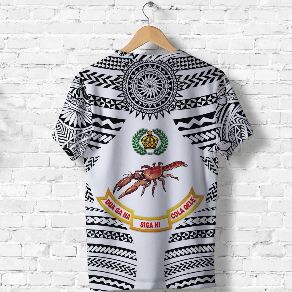 White rugby union T-shirt back with circular emblem, crab graphic, and patterned trim