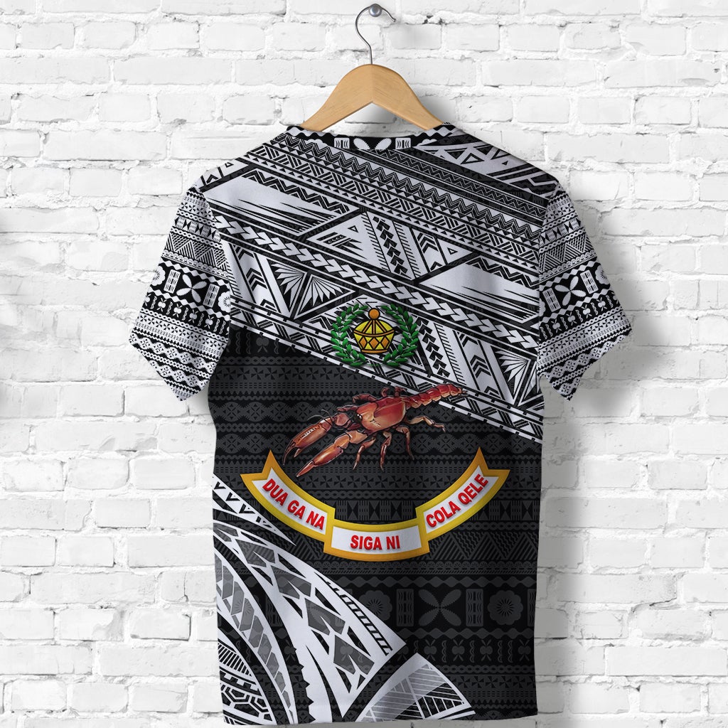Black Fiji Rewa rugby T-shirt back with tribal pattern, green lantern emblem, and crab motif