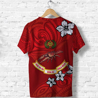 Red back rugby T-shirt with patterned swirls, hibiscus, crab, and shield badge