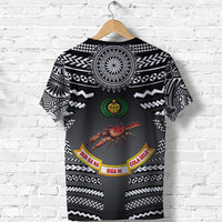 Black rugby-style T-shirt back design with circular motif, green laurel and crab