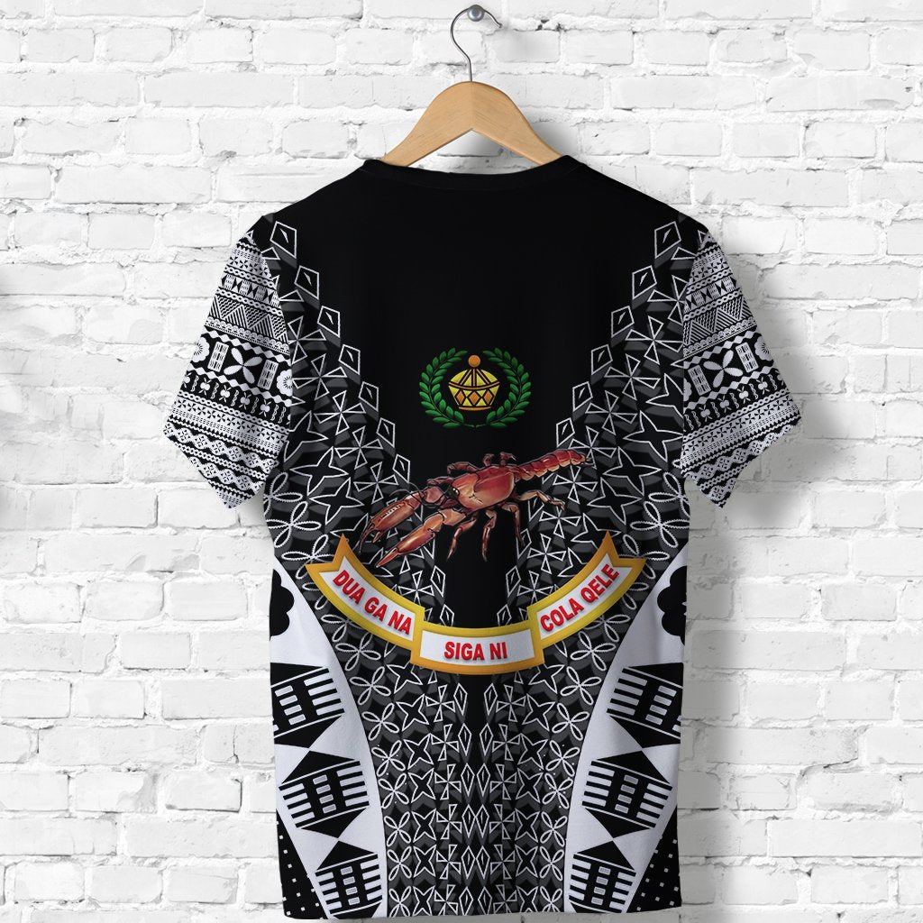 Black back rugby t-shirt with green crest, tapa patterns, and crab graphic across panel