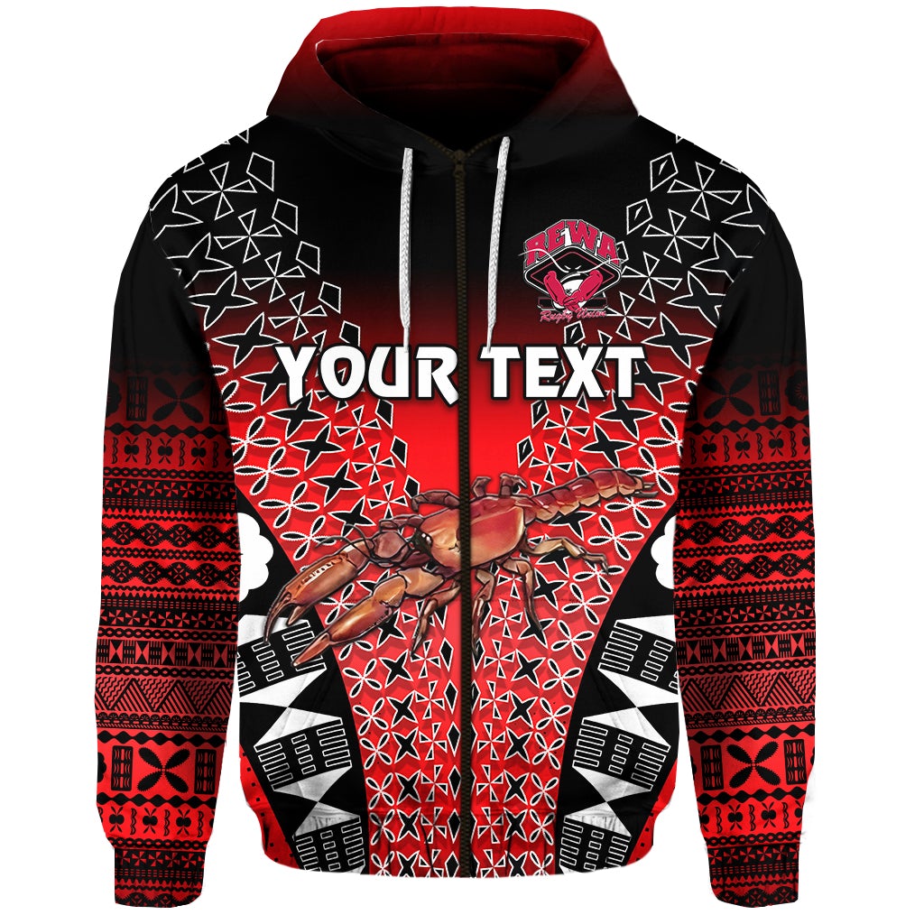 Custom Fiji Rewa Rugby Union Zip Hoodie Tapa Style Red LT8 - Wonder Print Shop