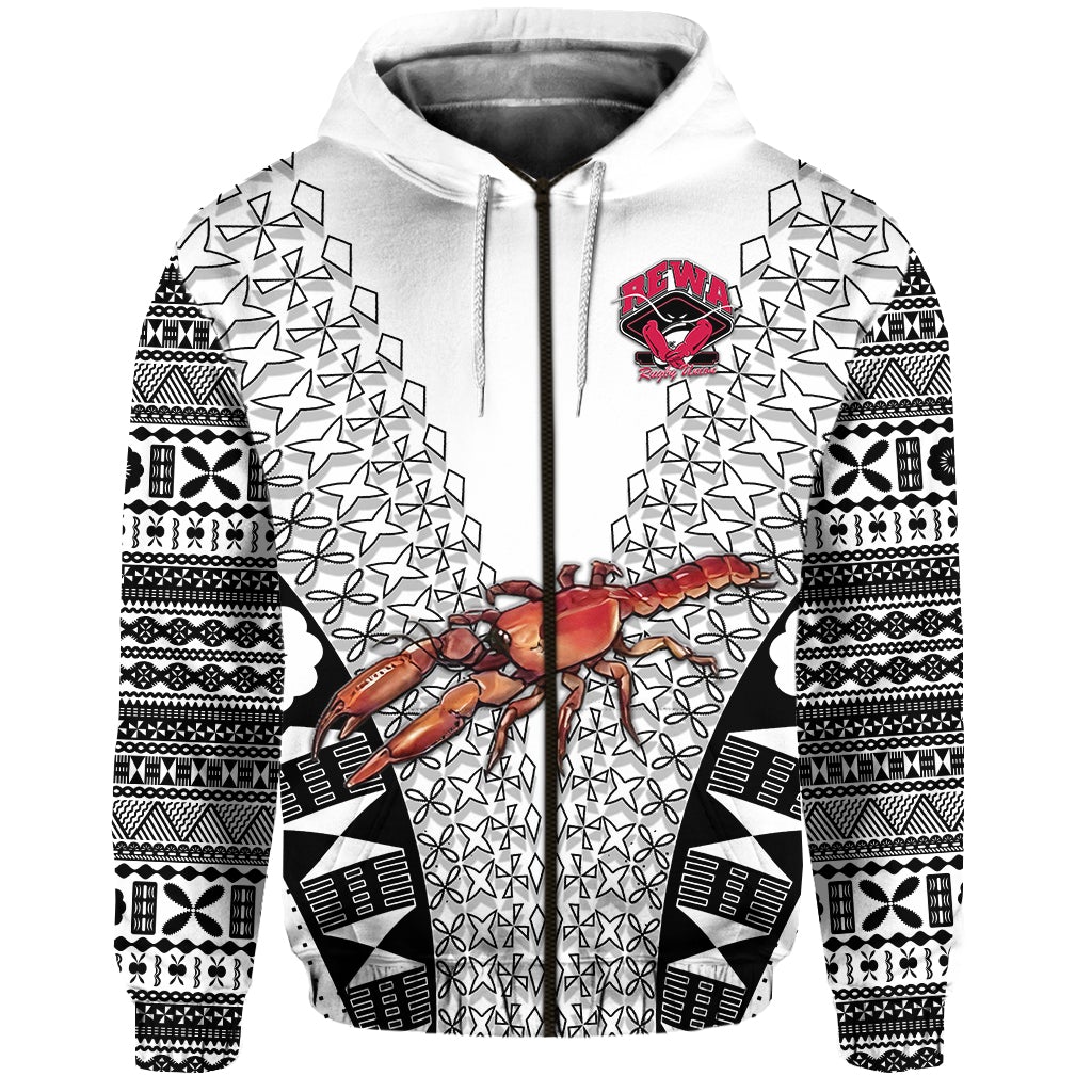 Fiji Rewa Rugby Union Zip Hoodie Tapa Style White LT8 - Wonder Print Shop