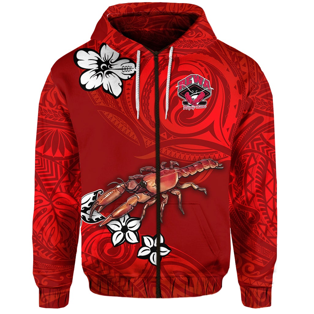 Custom Fiji Rewa Rugby Union Zip Hoodie Unique Vibes Full Red, Custom Text And Number LT8 - Wonder Print Shop