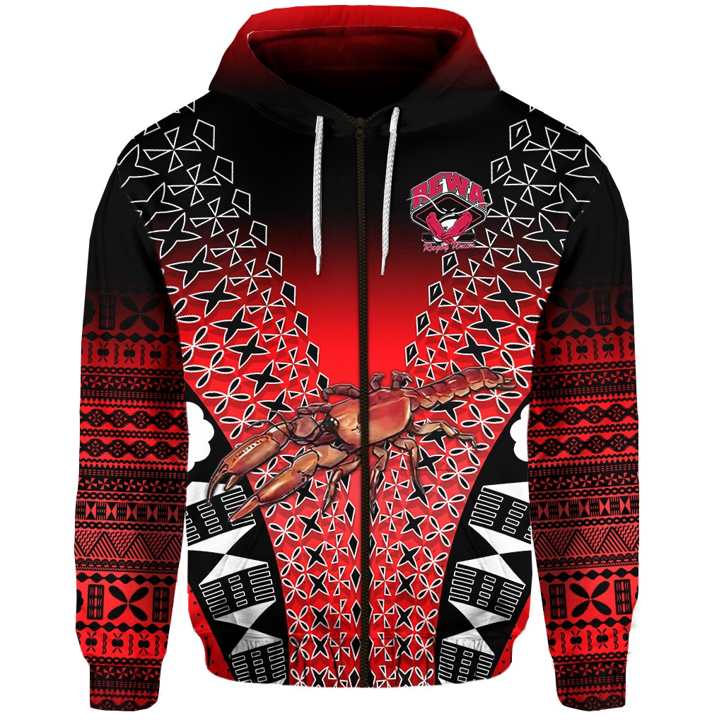Fiji Rewa Rugby Union Zip Hoodie Tapa Style Red LT8 - Wonder Print Shop
