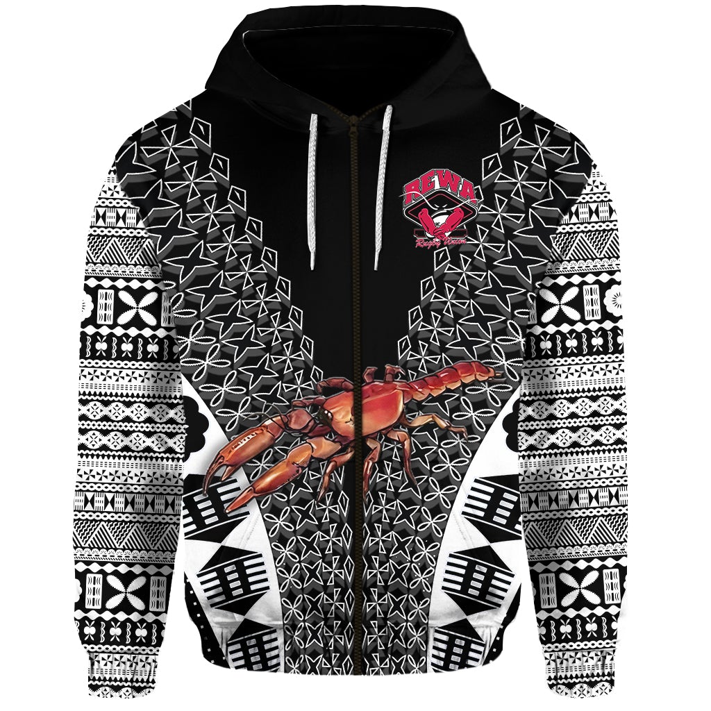 Fiji Rewa Rugby Union Zip Hoodie Tapa Style Black LT8 - Wonder Print Shop
