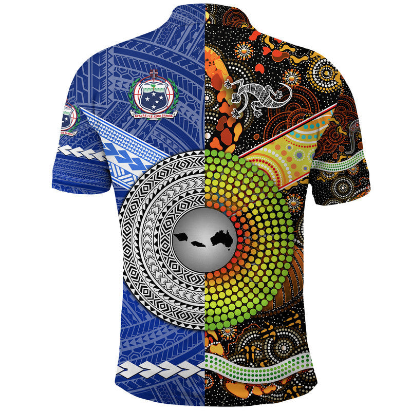 Blue polo back with earth circle and Aboriginal dot-pattern graphic