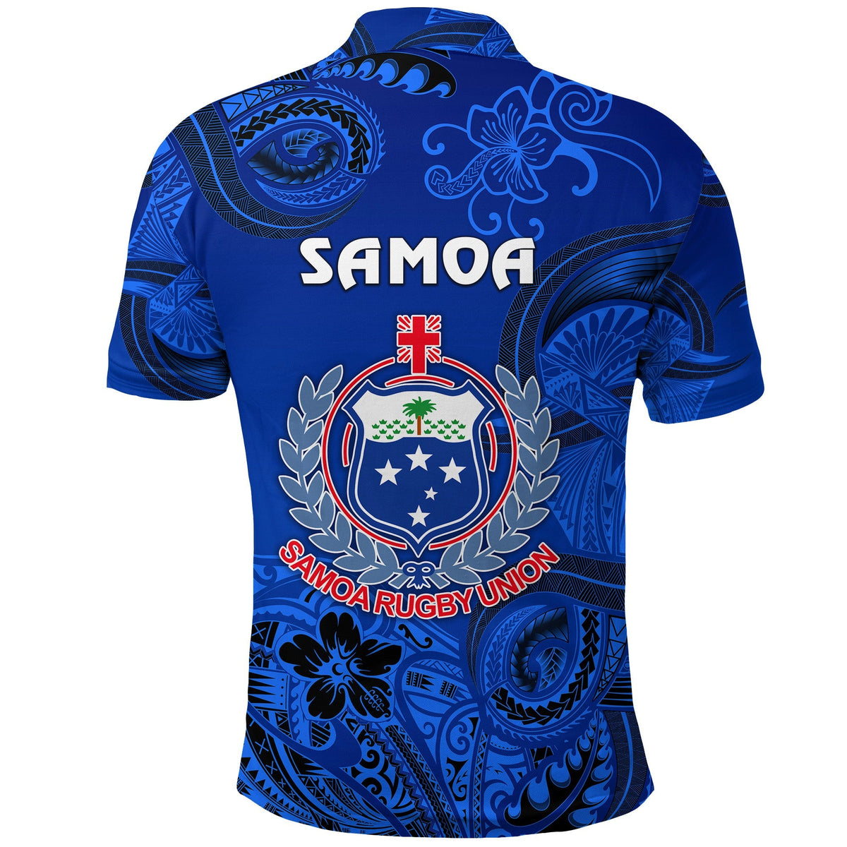 Samoa blue rugby polo, back view with large crest and floral tribal pattern