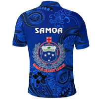 Samoa blue rugby polo, back view with large crest and floral tribal pattern