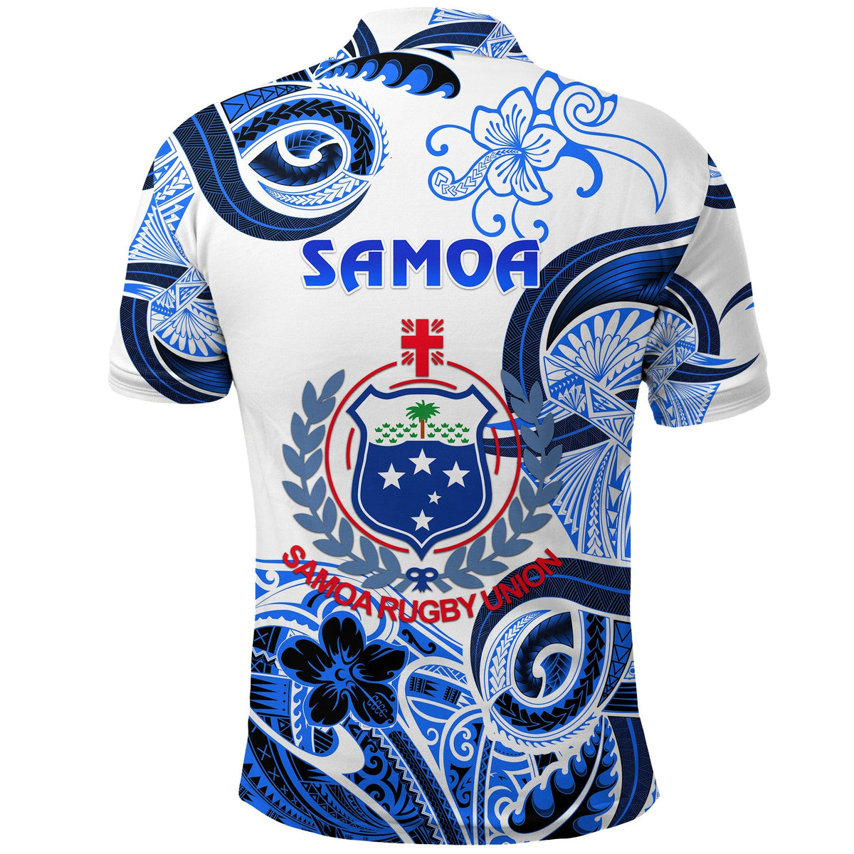 White rugby polo shirt with blue Polynesian pattern, Samoa text and floral motifs on back