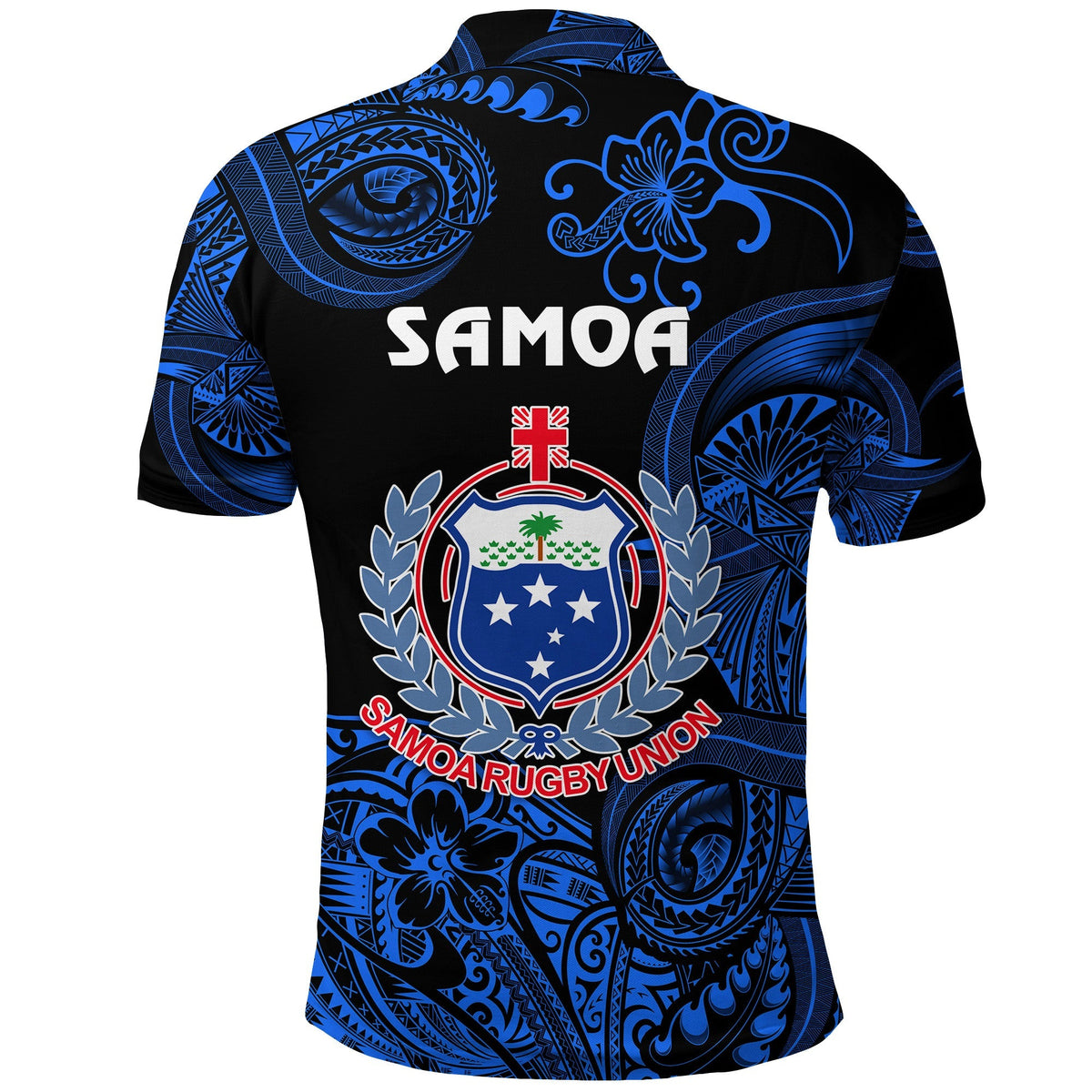 Black polo rugby shirt, blue back graphic with Samoa logo and crest