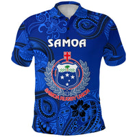 Samoa blue rugby polo with button collar, front graphic and crest