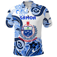 White rugby polo shirt with blue Polynesian pattern and Samoa crest logo on front