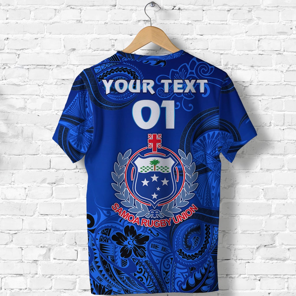 Back of blue Samoa rugby T-shirt with custom text YOUR TEXT and crest