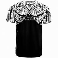 Black crew-neck T-shirt with Polynesian tribal print and large "YOUR TEXT" graphic