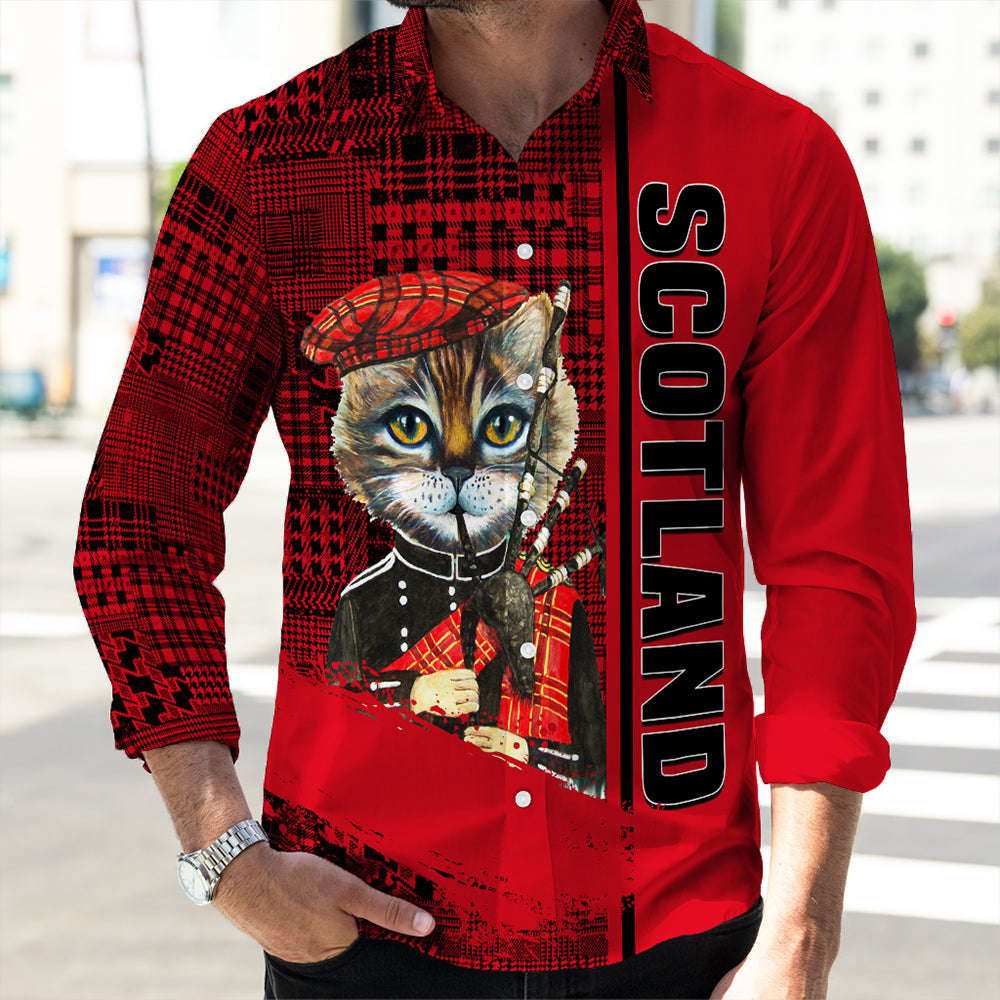Scotland Cat Bagpipes Long Sleeve Button Shirt RLT12 - Wonder Print Shop