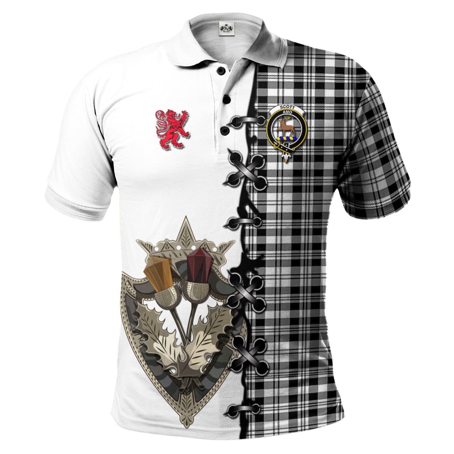 scottish-scott-black-white-clan-crest-tartan-lion-rampant-and-celtic-thistle-polo-shirt