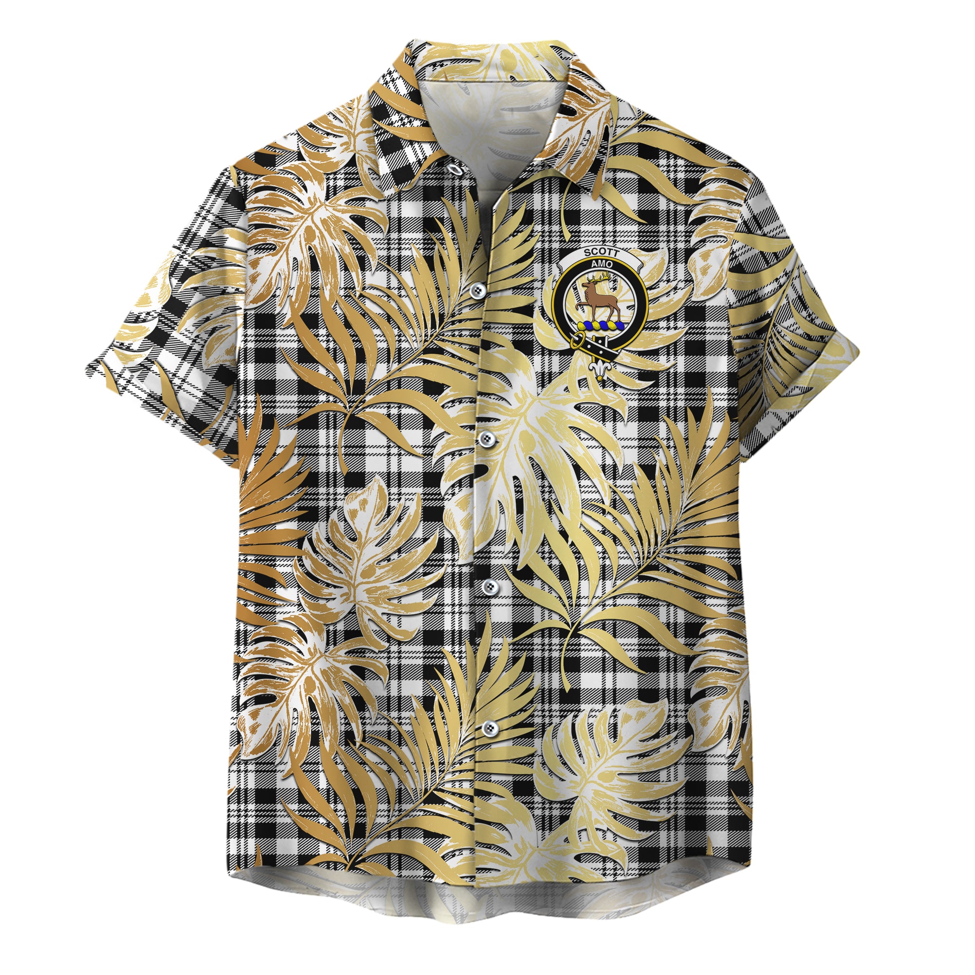 scottish-scott-black-white-clan-crest-tartan-golden-tropical-palm-leaves-hawaiian-shirt